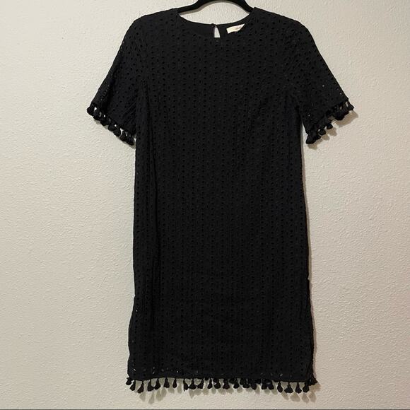 Lark & Ro Black Eyelet Fringe Trim Shift Dress Womens XS Pom Pom Whimsigoth - Picture 1 of 10
